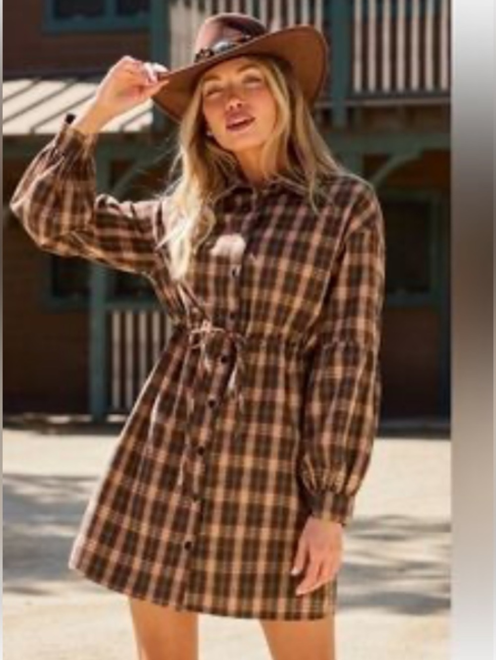 Cupshe Brown Plaid Long Sleeve Button-Up Dress